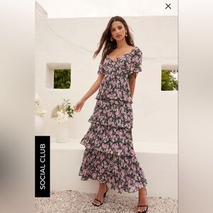 ASTR The Label Gracelynn Tiered Short Sleeve Floral Maxi Dress - Black pink